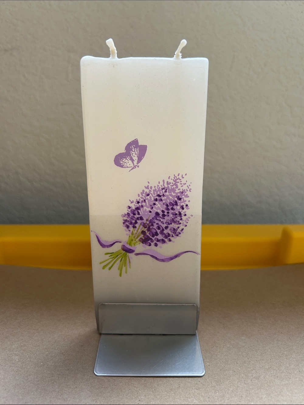 White Pillar Candle with Purple Lavender Bouquet Design